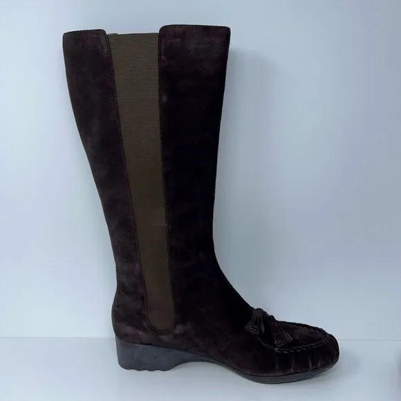Joy Chen Womens Riding Boots Brown Wedge Heels Mid Calf Moc Toe Pull On 11 M New