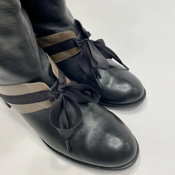 Joy Chen Sexy Black Leather Riding Boots, Size 8