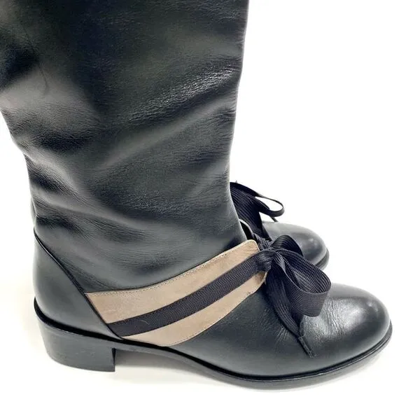 Joy Chen Sexy Black Leather Riding Boots, Size 8