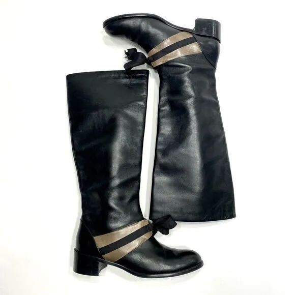 Joy Chen Sexy Black Leather Riding Boots, Size 8