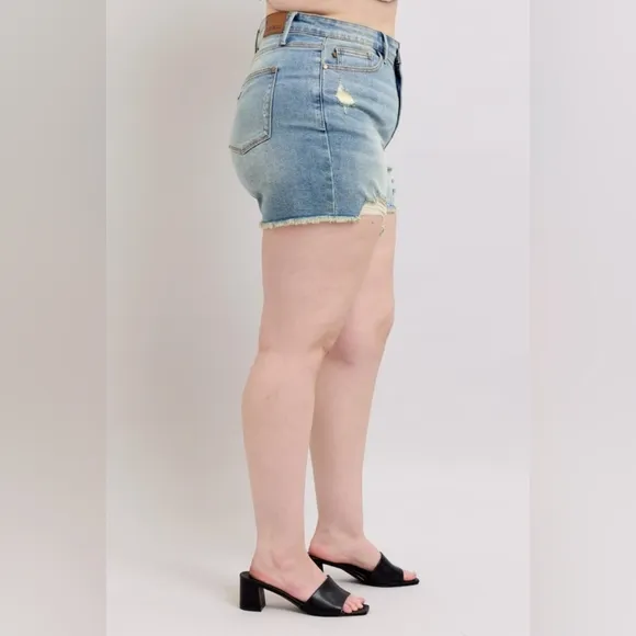 Judy Blue High-Rise Waist Frayed Denim Cut-Off Raw Hem Distressed Jean Shorts