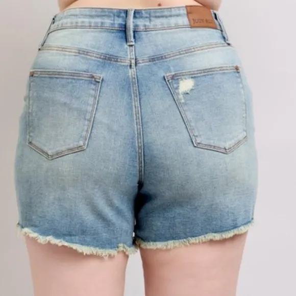 Judy Blue High-Rise Waist Frayed Denim Cut-Off Raw Hem Distressed Jean Shorts