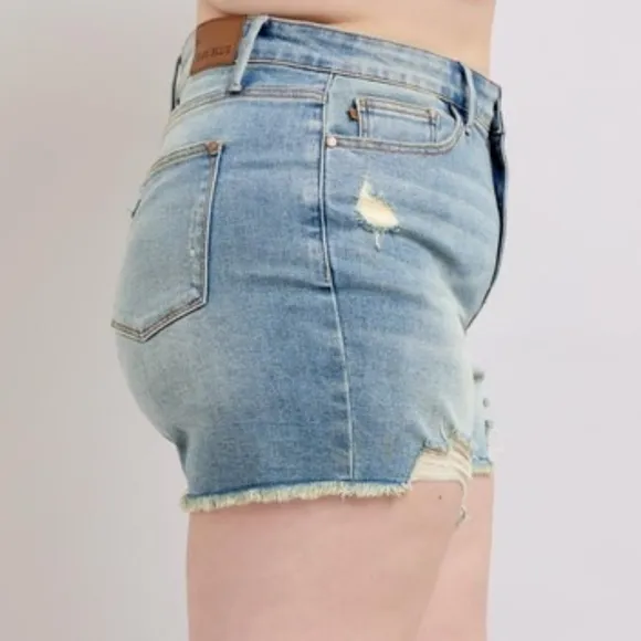 Judy Blue High-Rise Waist Frayed Denim Cut-Off Raw Hem Distressed Jean Shorts