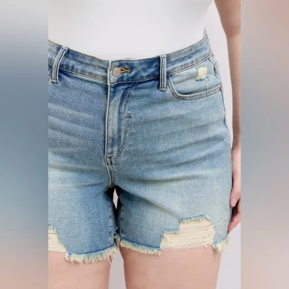 Judy Blue High-Rise Waist Frayed Denim Cut-Off Raw Hem Distressed Jean Shorts