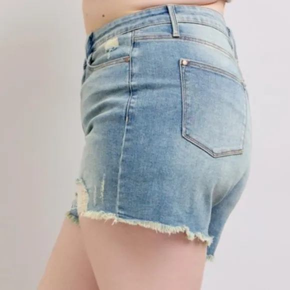 Judy Blue High-Rise Waist Frayed Denim Cut-Off Raw Hem Distressed Jean Shorts