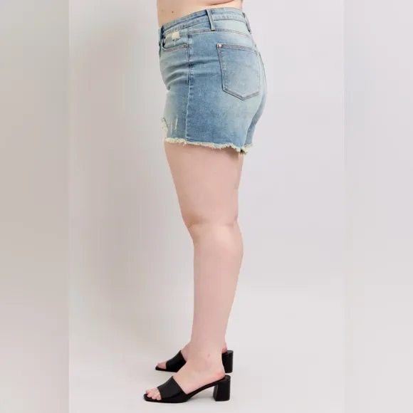 Judy Blue High-Rise Waist Frayed Denim Cut-Off Raw Hem Distressed Jean Shorts