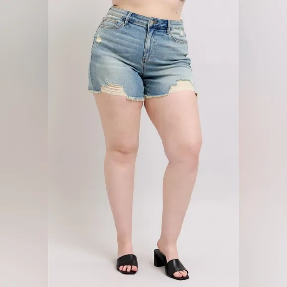 Judy Blue High-Rise Waist Frayed Denim Cut-Off Raw Hem Distressed Jean Shorts