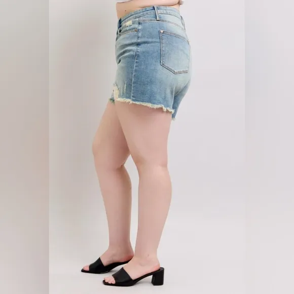 Judy Blue High-Rise Waist Frayed Denim Cut-Off Raw Hem Distressed Jean Shorts