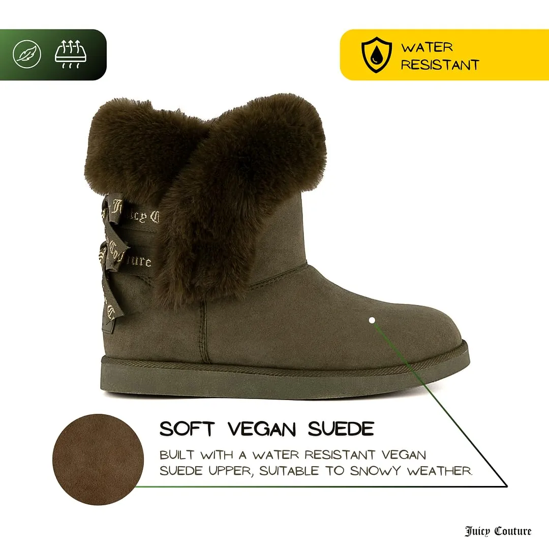 Juicy Couture Women's Slip On Winter Snow Boots Warm & Insulated Fur Lining Comfortable Fashion Booties-King 2-Olive Micro-9