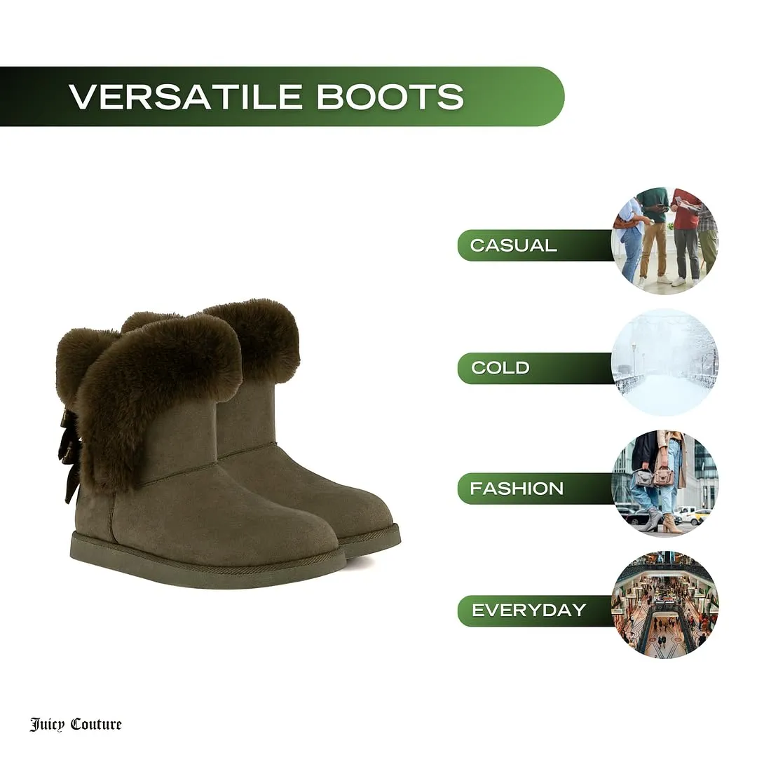 Juicy Couture Women's Slip On Winter Snow Boots Warm & Insulated Fur Lining Comfortable Fashion Booties-King 2-Olive Micro-9