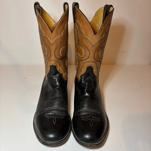 Justin Boots 2 Tone Brown Black Leather Western Cowboy Men's 12 D 6003 Made USA