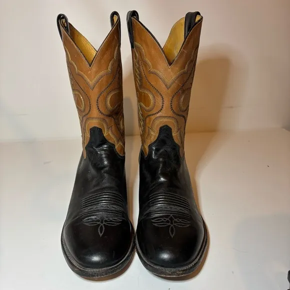 Justin Boots 2 Tone Brown Black Leather Western Cowboy Men's 12 D 6003 Made USA