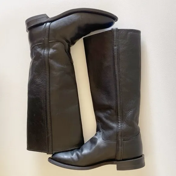 Justin Boots Tall Leather Almond Toe Vintage Western Equestrian Riding Black 8.5