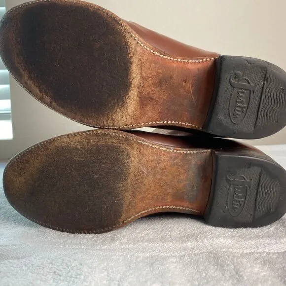 Justin Cowboy Work Boots Men 8D Leather Roper Western Vintage Brown USA 3802
