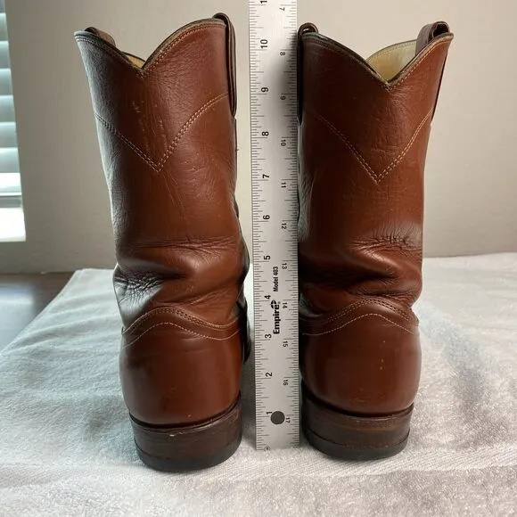 Justin Cowboy Work Boots Men 8D Leather Roper Western Vintage Brown USA 3802