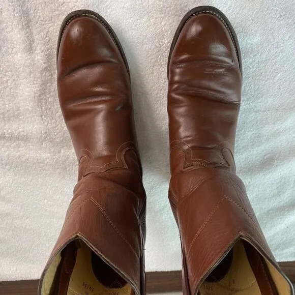 Justin Cowboy Work Boots Men 8D Leather Roper Western Vintage Brown USA 3802