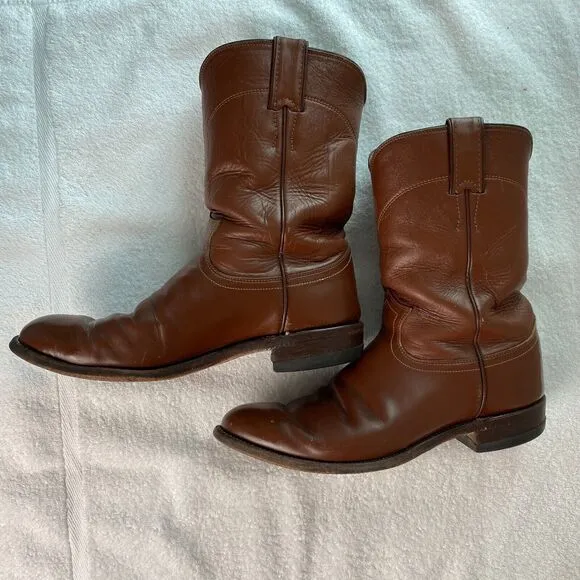 Justin Cowboy Work Boots Men 8D Leather Roper Western Vintage Brown USA 3802