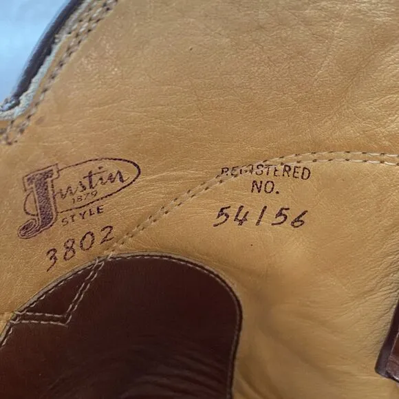 Justin Cowboy Work Boots Men 8D Leather Roper Western Vintage Brown USA 3802