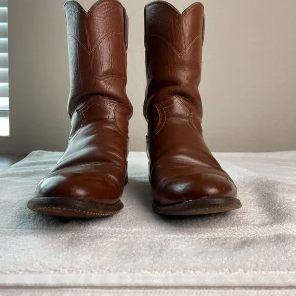 Justin Cowboy Work Boots Men 8D Leather Roper Western Vintage Brown USA 3802