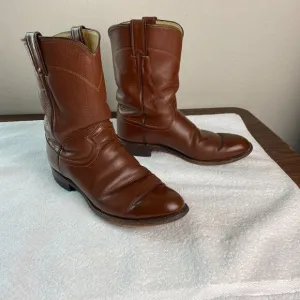 Justin Cowboy Work Boots Men 8D Leather Roper Western Vintage Brown USA 3802