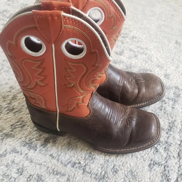 Justin Kids Cowboy Wester Boots Brown Orange Leather Square Toe Boys Size 12D