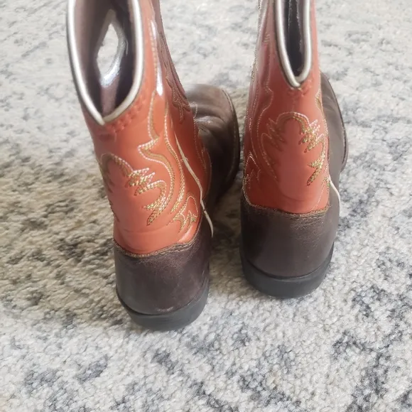 Justin Kids Cowboy Wester Boots Brown Orange Leather Square Toe Boys Size 12D
