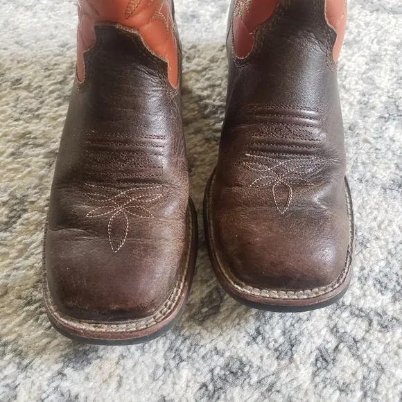 Justin Kids Cowboy Wester Boots Brown Orange Leather Square Toe Boys Size 12D