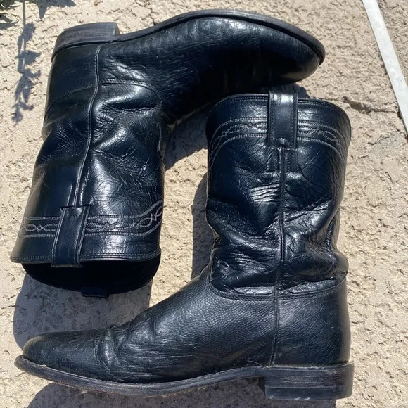 Justin ostrich quill boots roper 10.5 D black western cowboy boots
