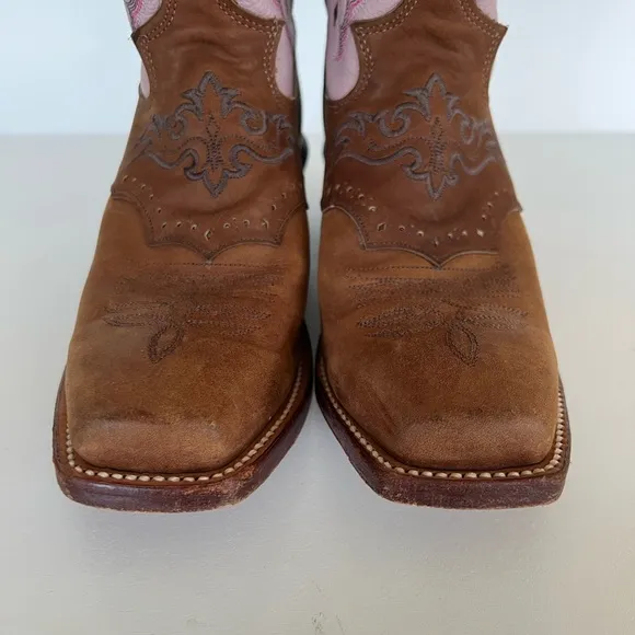 Justin Punchy Pink Westerner Cowhide Foot Coffee Leather Cowgirl Boots, 7.5B