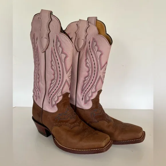 Justin Punchy Pink Westerner Cowhide Foot Coffee Leather Cowgirl Boots, 7.5B