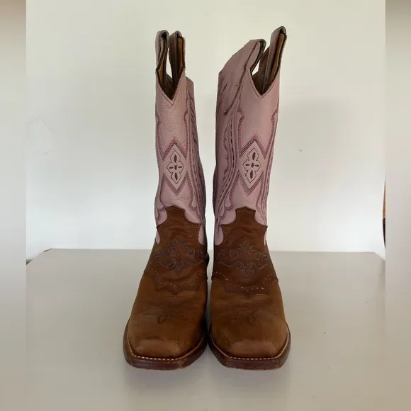 Justin Punchy Pink Westerner Cowhide Foot Coffee Leather Cowgirl Boots, 7.5B