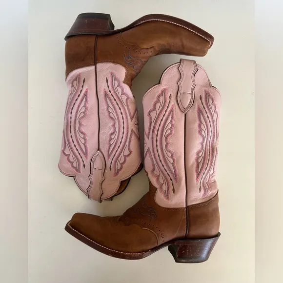 Justin Punchy Pink Westerner Cowhide Foot Coffee Leather Cowgirl Boots, 7.5B