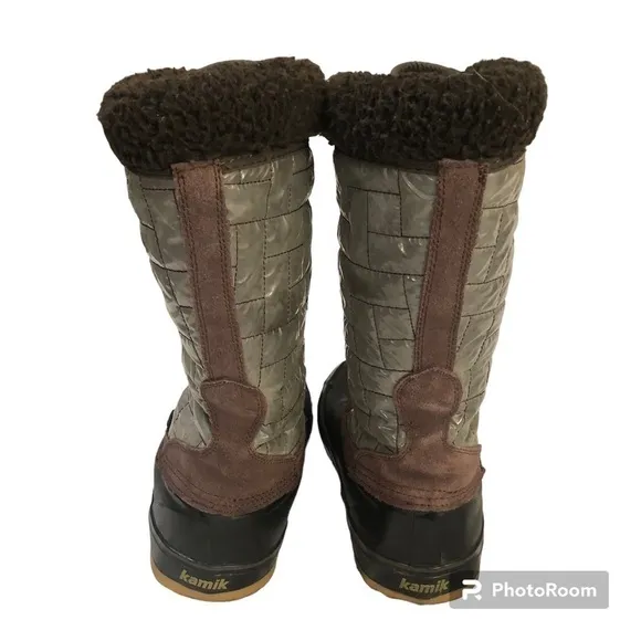 Kamik Scarlet Thinsulate Winter Tall Snow Boots Laced Brown Grey Black size 9