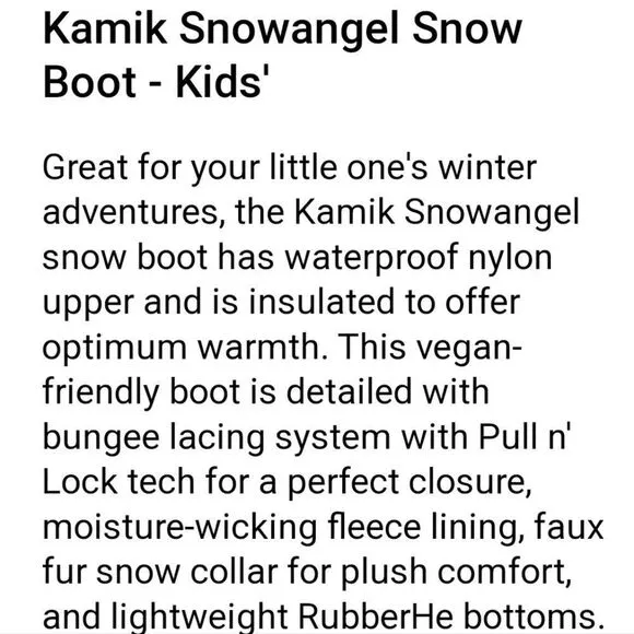 KAMIK SNOWANGEL SNOW BOOTS, SIZE 3 - LIKE NEW!