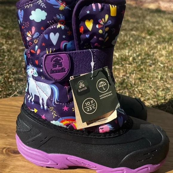 Kamik Snowbug 6 Little Kids SZ 11 Purple and Black Winter Boots Unicorn Pattern