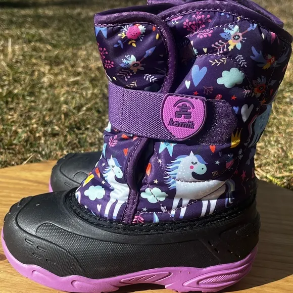 Kamik Snowbug 6 Little Kids SZ 11 Purple and Black Winter Boots Unicorn Pattern