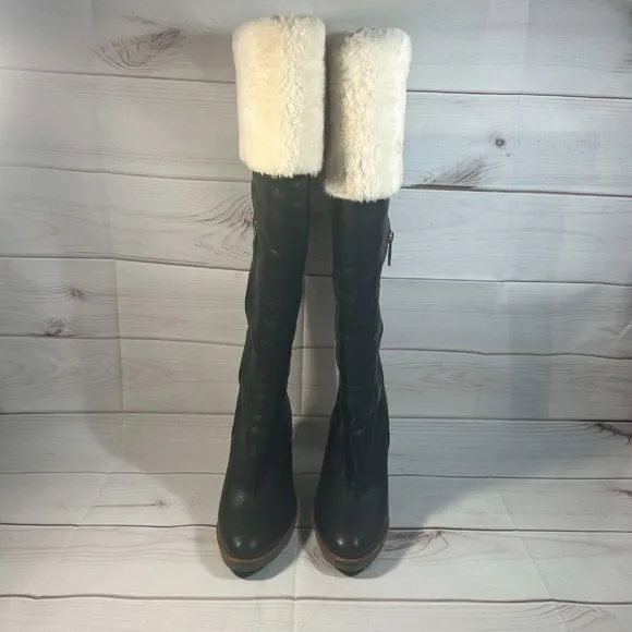 Kate Spade Gabry Over The Knee Boots Black Leather Shearling Trim 8.5