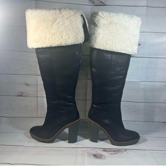 Kate Spade Gabry Over The Knee Boots Black Leather Shearling Trim 8.5