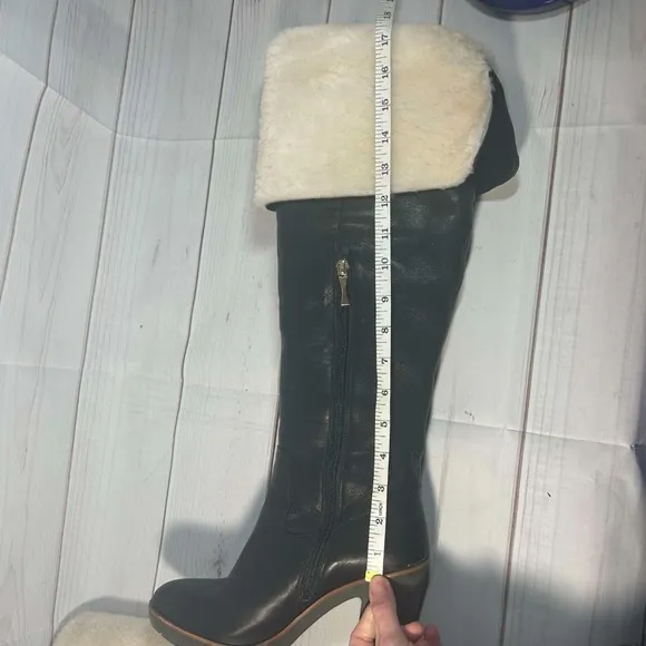 Kate Spade Gabry Over The Knee Boots Black Leather Shearling Trim 8.5