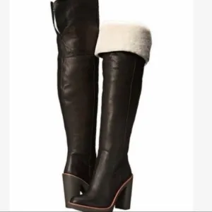 Kate Spade Gabry Over The Knee Boots Black Leather Shearling Trim 8.5