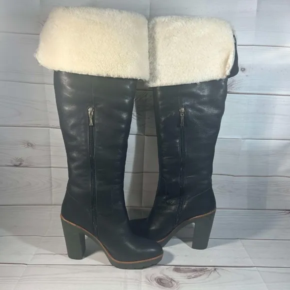 Kate Spade Gabry Over The Knee Boots Black Leather Shearling Trim 8.5