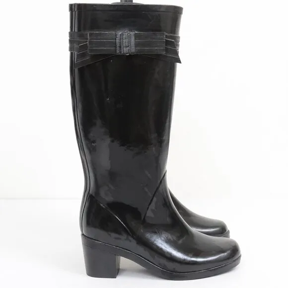 Kate Spade New York Black Bow Rubber Rain Wellie Knee Boots Size 8