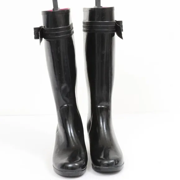 Kate Spade New York Black Bow Rubber Rain Wellie Knee Boots Size 8