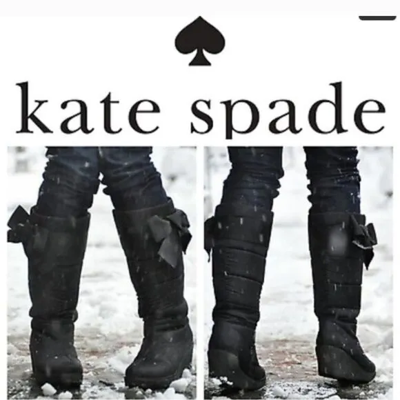 Kate Spade Tall Black Wedge Bow Winter Boots Sz 10