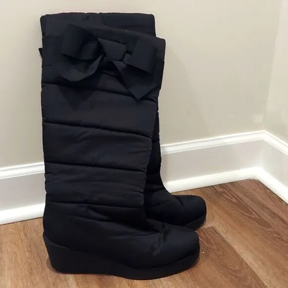 Kate Spade Tall Black Wedge Bow Winter Boots Sz 10