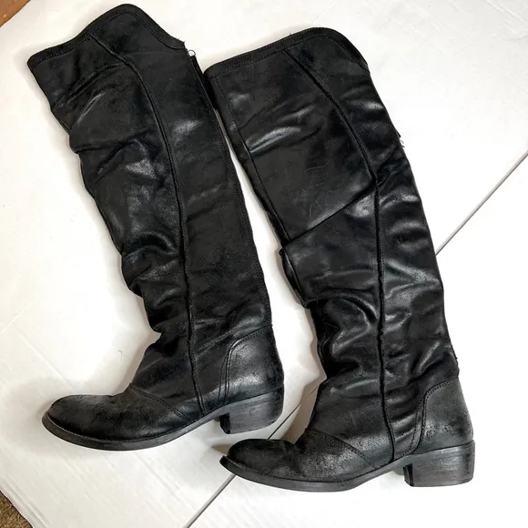 Kurt Geiger Over the Knee Riding Boots Size 37 7 Black Leather Cinched Zipper