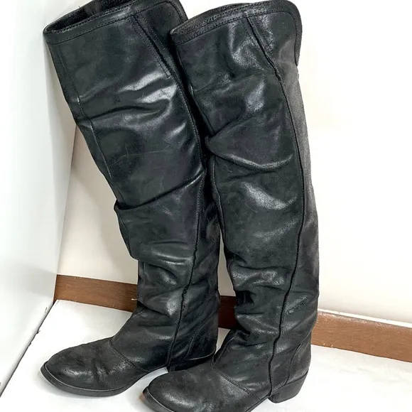 Kurt Geiger Over the Knee Riding Boots Size 37 7 Black Leather Cinched Zipper