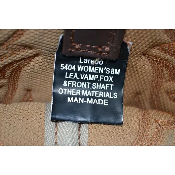 Laredo 5404 Women's Size‎ 8M Brown Leather Boots Lea Vamp Fox &amp; Front Shaft