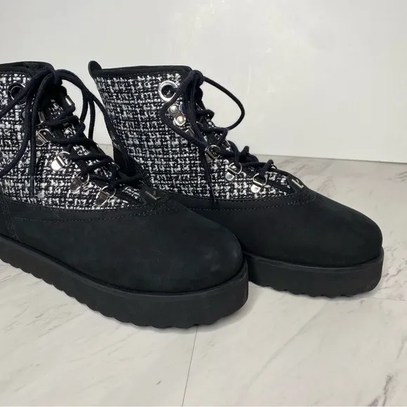 Larroude Vail Black Tweed Lace Up Winter Boot 7 1/2