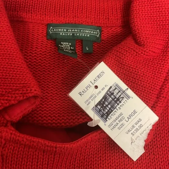 Lauren Jeans Co Ralph Lauren Hana Red Asymmetrical Zip Sweater Large NWT Cotton